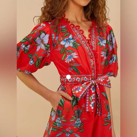 EUC Farm Rio Red Sweet Bloom Bouquet Organic Cotton Romper, Size M - Picture 3 of 7